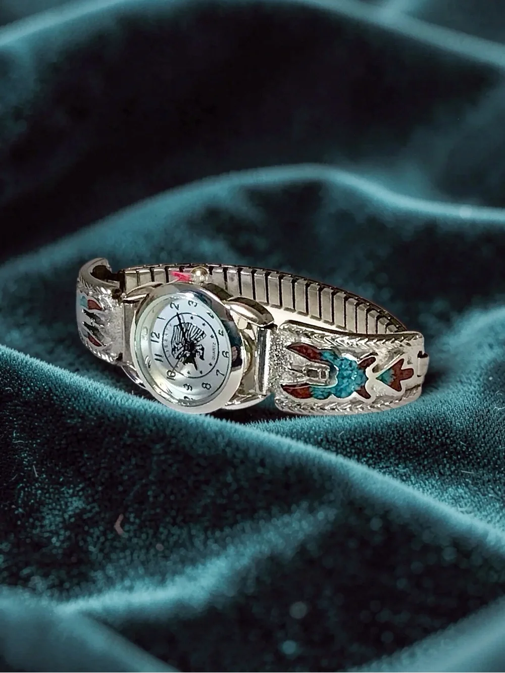 Woman’s Silver Navajo Thunderbird Turquoise/Coral Band Indian Liberty Coin Watch